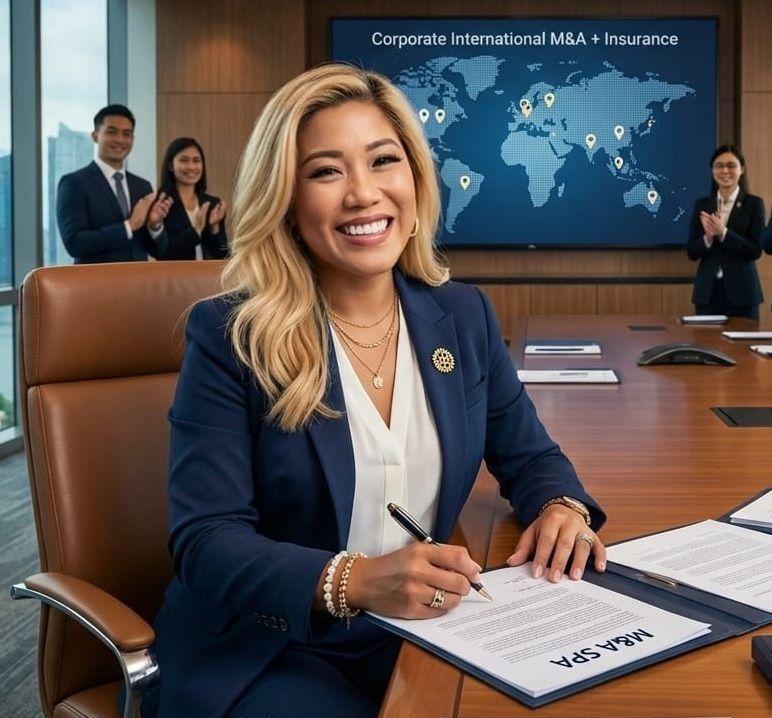 Monica Faulve-Stach seated at a boardroom table signing an agreement, colleagues applauding behind her