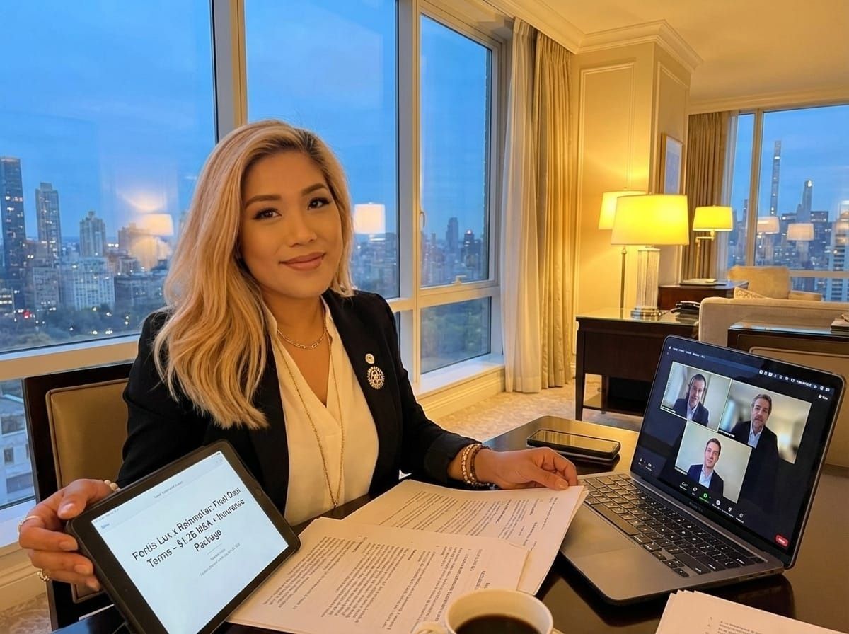 Monica Faulve-Stach working at her desk in warm evening light, reviewing deal documents beside an active video call